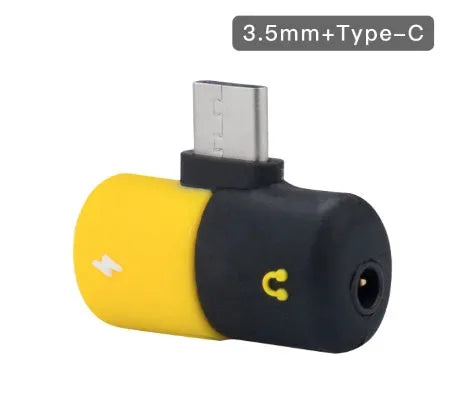 Blue and yellow 2-in-1 charging audio cover case for Huawei phones showing 3.5mm adapter and compact 30x12mm design