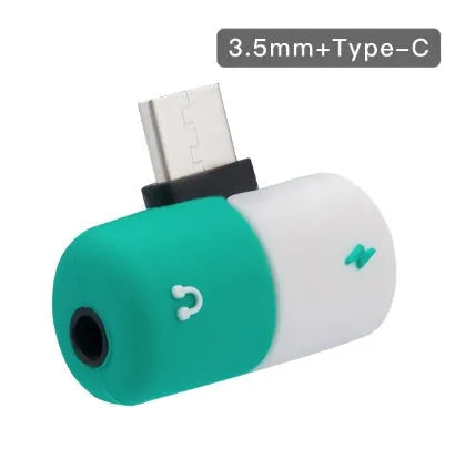 Blue and yellow 2-in-1 charging audio cover case for Huawei phones showing 3.5mm adapter and compact 30x12mm design