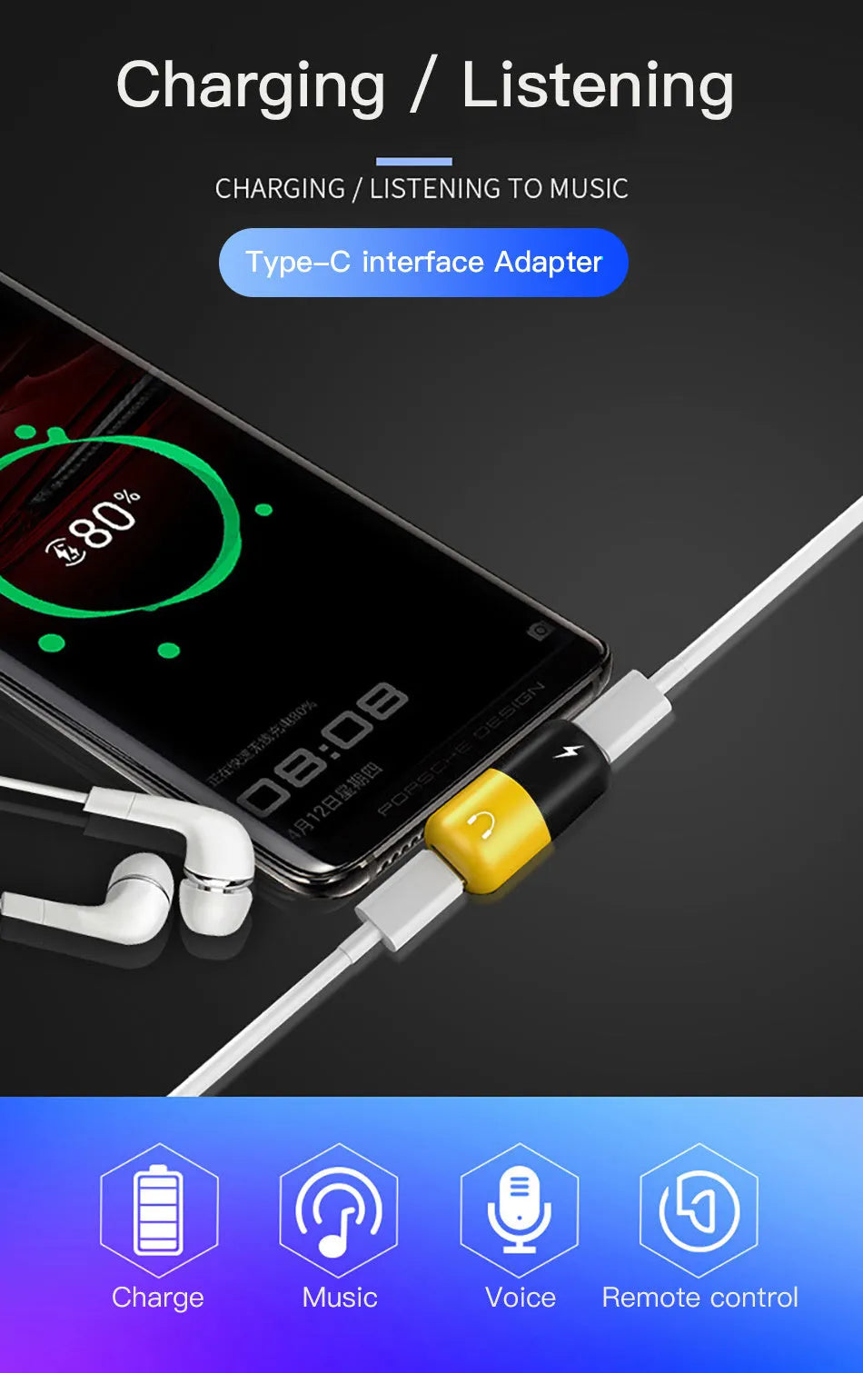 Blue and yellow 2-in-1 charging audio cover case for Huawei phones showing 3.5mm adapter and compact 30x12mm design
