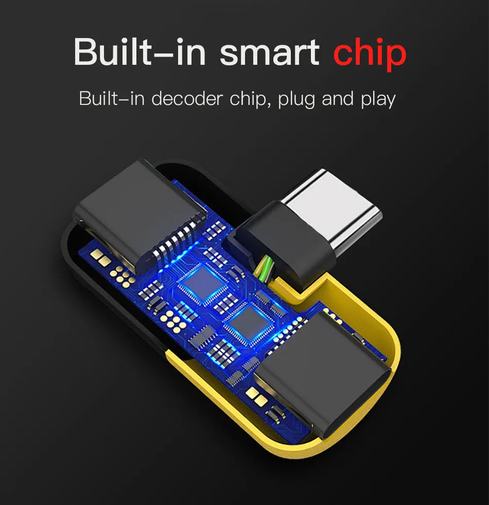Blue and yellow 2-in-1 charging audio cover case for Huawei phones showing 3.5mm adapter and compact 30x12mm design