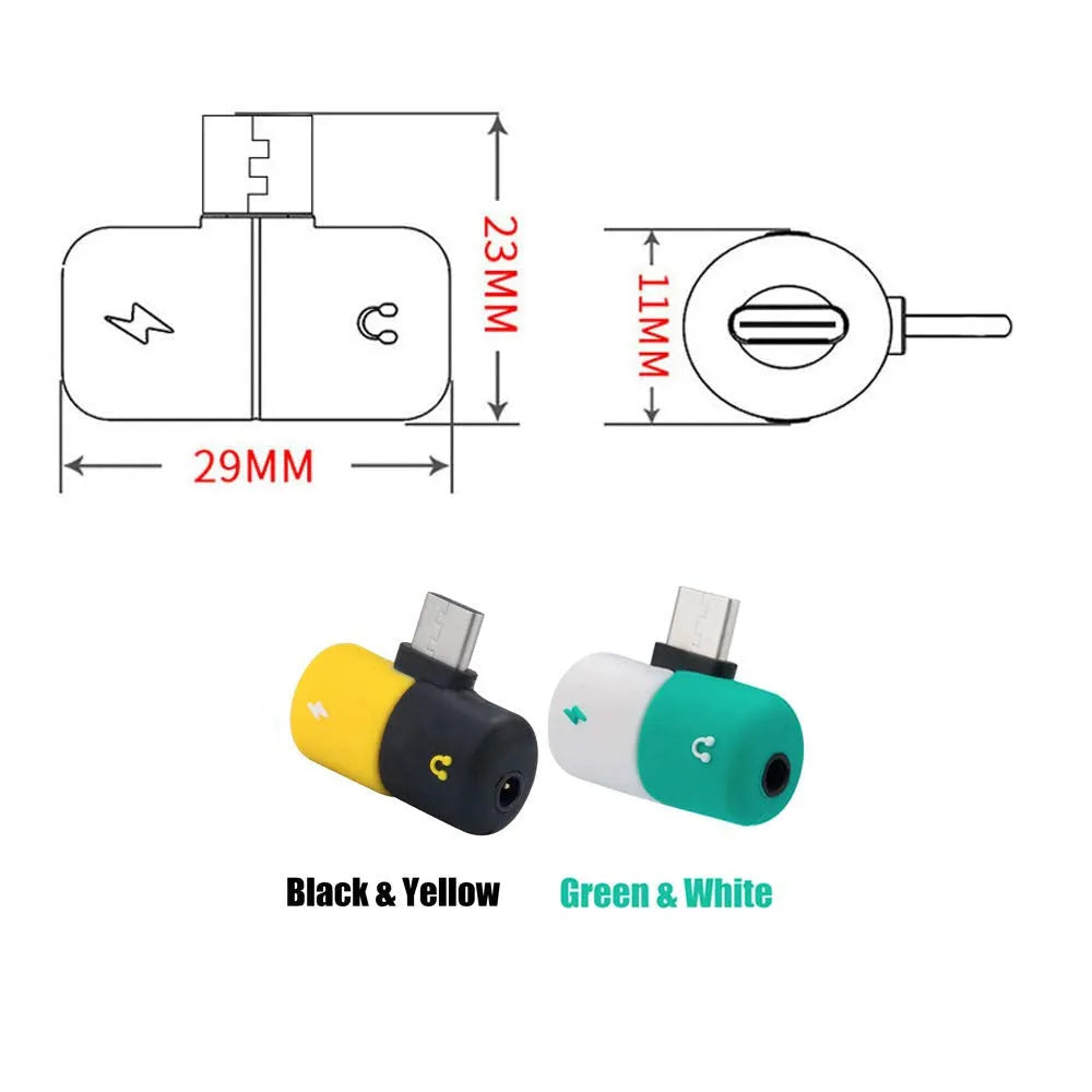 Blue and yellow 2-in-1 charging audio cover case for Huawei phones showing 3.5mm adapter and compact 30x12mm design