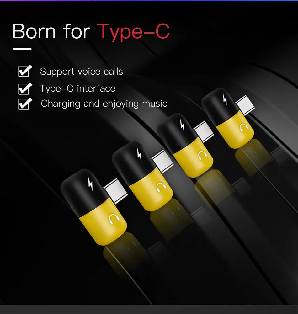 Blue and yellow 2-in-1 charging audio cover case for Huawei phones showing 3.5mm adapter and compact 30x12mm design