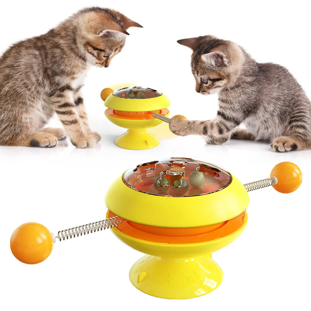 Rotatable plastic cat toy with turntable, catnip balls, and suction cup base in multiple colours