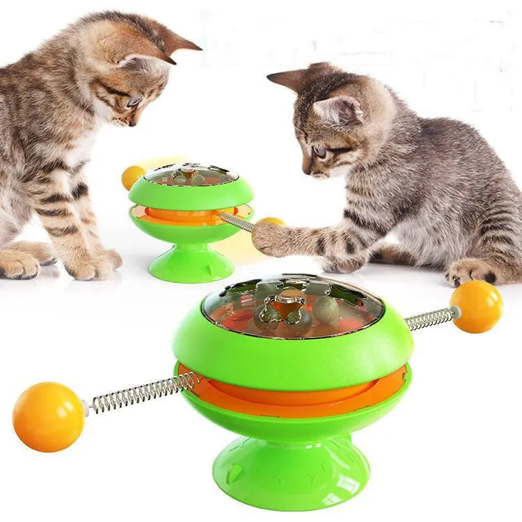 Rotatable plastic cat toy with turntable, catnip balls, and suction cup base in multiple colours