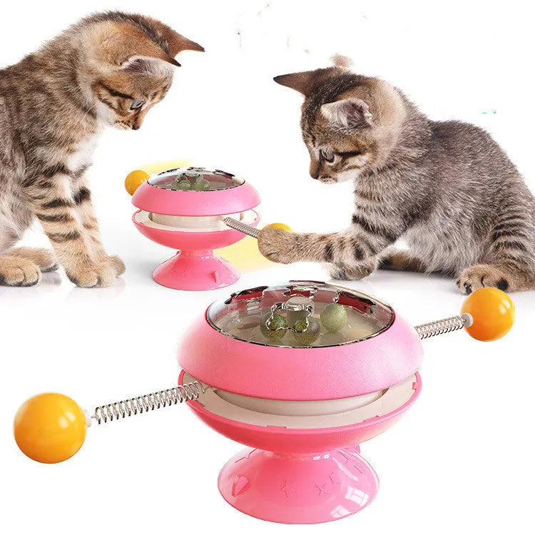 Rotatable plastic cat toy with turntable, catnip balls, and suction cup base in multiple colours