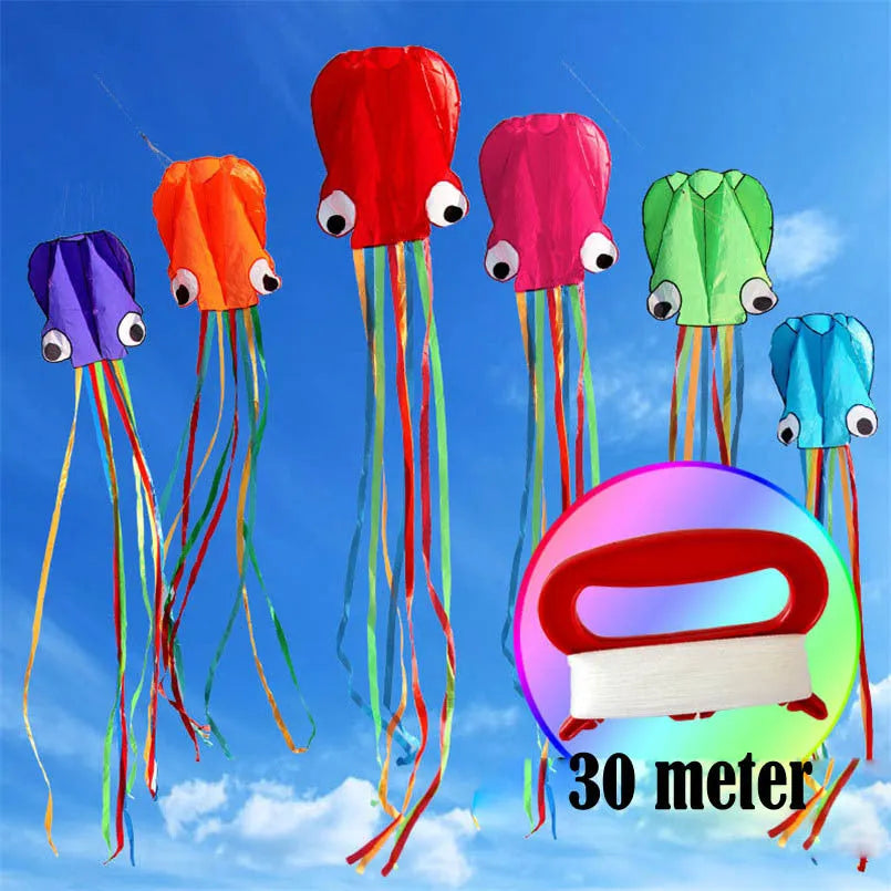 4 metre soft octopus kite in check cloth with handle and 30 metre line, shown in assorted colours