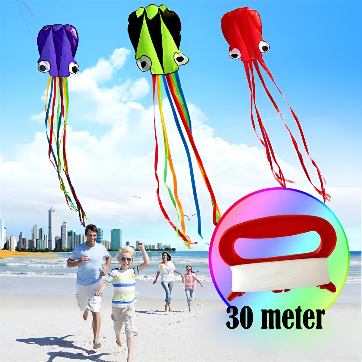 4 metre soft octopus kite in check cloth with handle and 30 metre line, shown in assorted colours