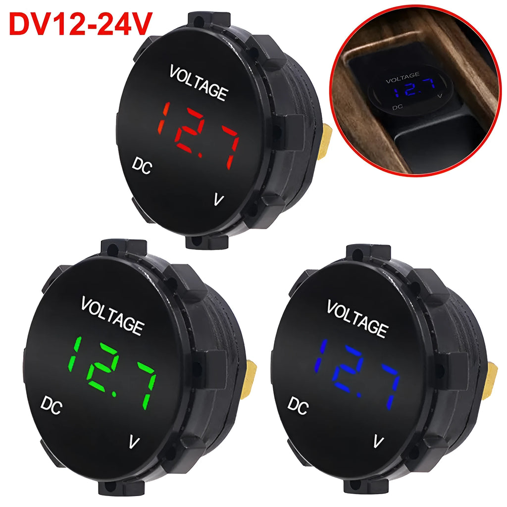 Digital voltmeter with waterproof LED lens display, 6-30V, red blue green options, for car SUV ATV marine