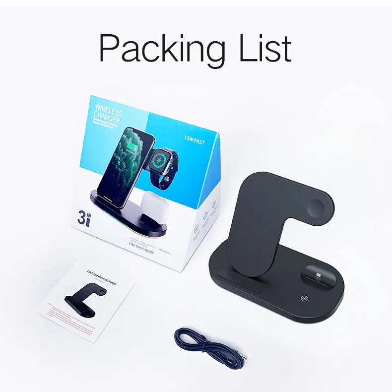 Black 3-in-1 wireless charging station folded with iPhone, Apple Watch, and AirPods Pro on charging pads