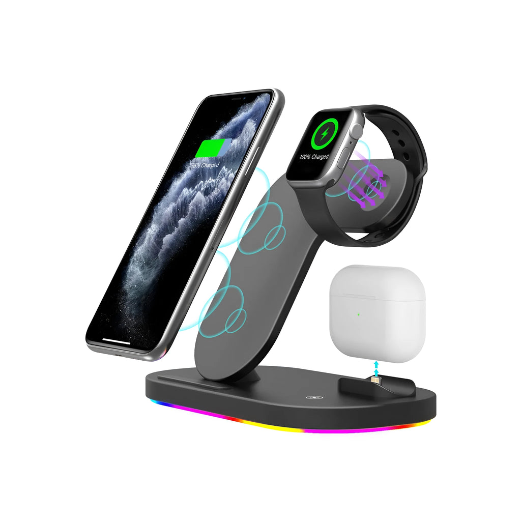 Black 3-in-1 wireless charging station folded with iPhone, Apple Watch, and AirPods Pro on charging pads