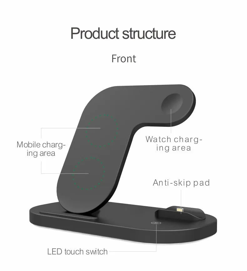 Black 3-in-1 wireless charging station folded with iPhone, Apple Watch, and AirPods Pro on charging pads