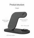 Black 3-in-1 wireless charging station folded with iPhone, Apple Watch, and AirPods Pro on charging pads