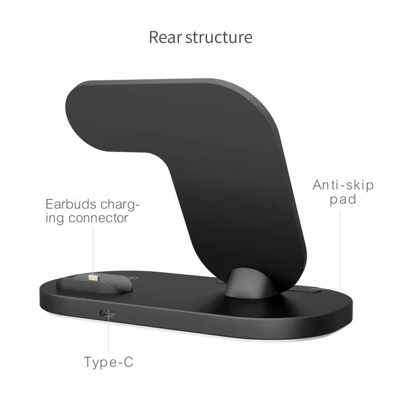 Black 3-in-1 wireless charging station folded with iPhone, Apple Watch, and AirPods Pro on charging pads