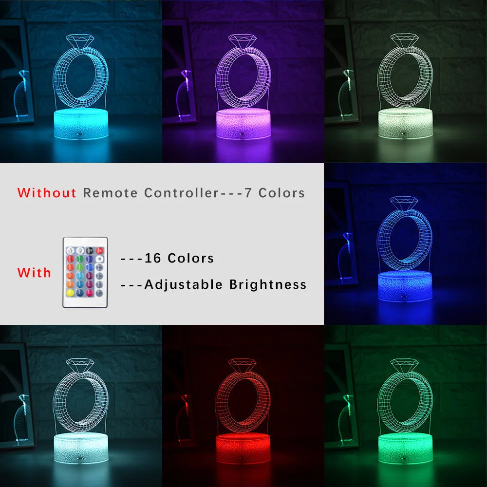 3D LED night light projecting diamond ring design with colour-changing illumination on bedside table