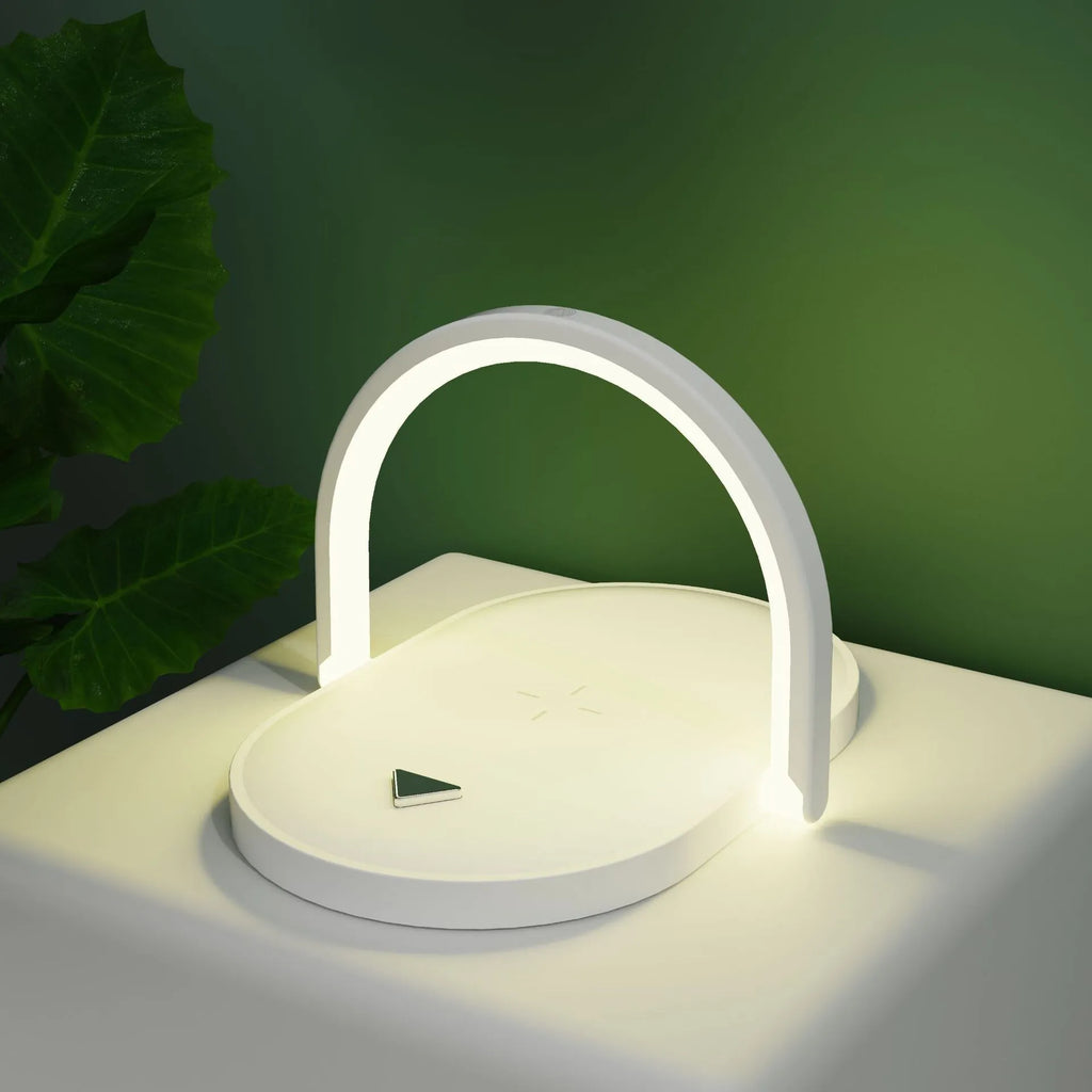 Black and white wireless charger with night light and phone holder showing 15W fast charging capability