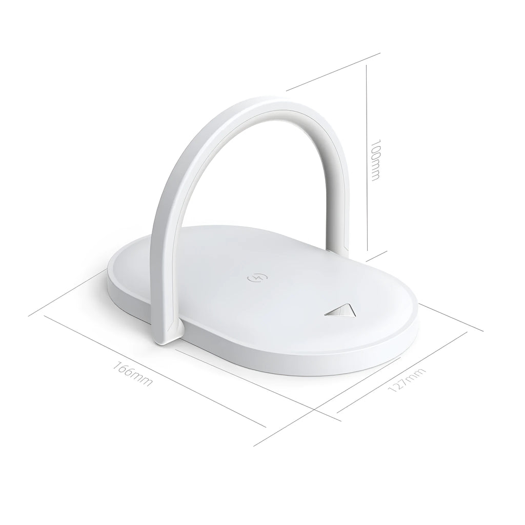 Black and white wireless charger with night light and phone holder showing 15W fast charging capability