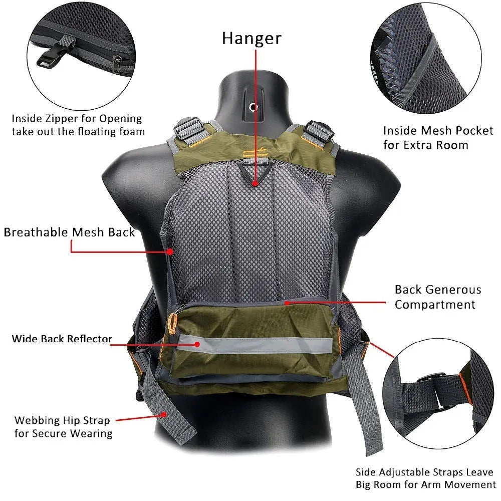 Grey fishing life jacket with removable foam, adjustable straps, and reflective strips on back and shoulders