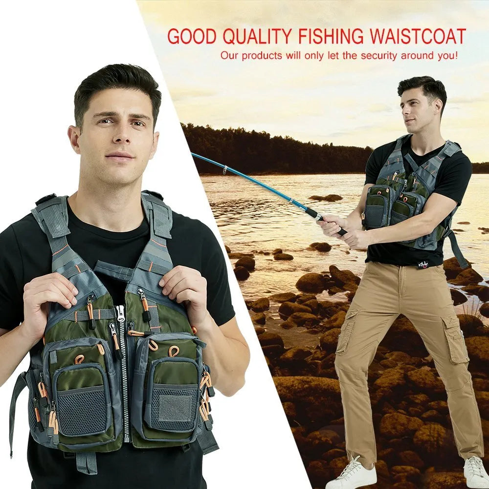 Grey fishing life jacket with removable foam, adjustable straps, and reflective strips on back and shoulders