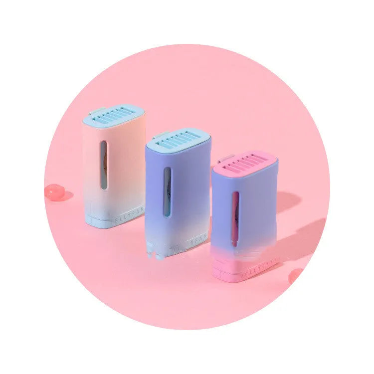 Jelly hanging neck USB mini fan showing mint peach colour and compact design