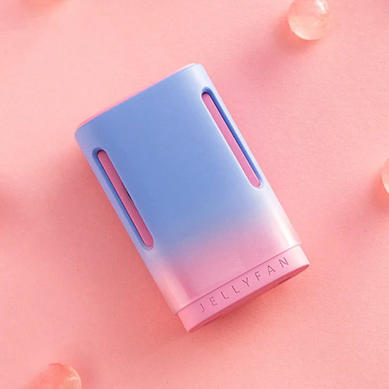 Jelly hanging neck USB mini fan showing mint peach colour and compact design