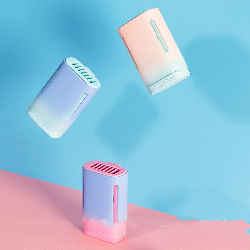 Jelly hanging neck USB mini fan showing mint peach colour and compact design