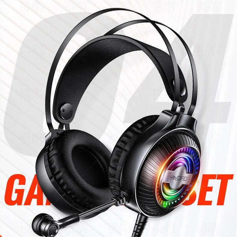 Black wired over-ear computer headset with microphone and 3.5mm plug on a desk