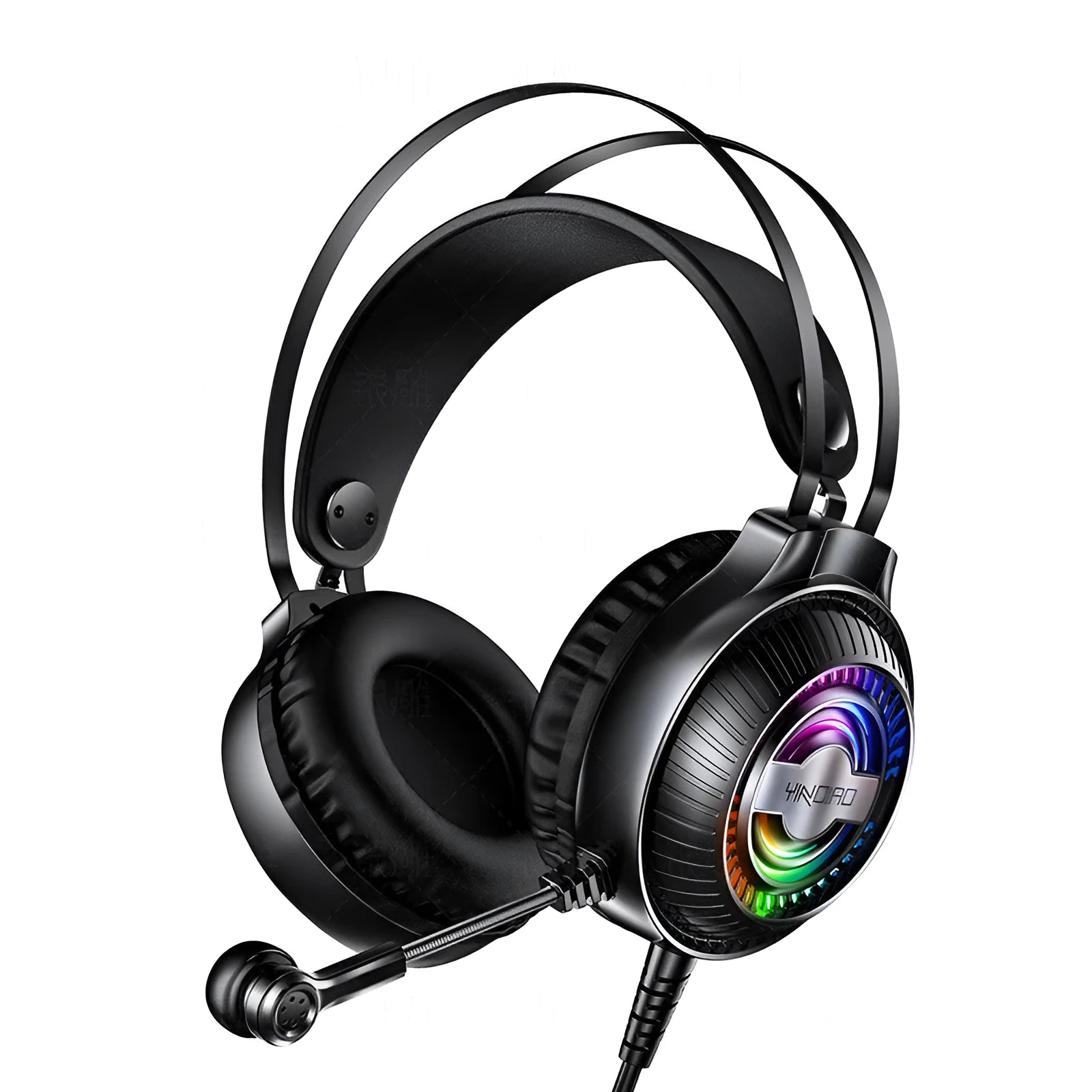Black wired over-ear computer headset with microphone and 3.5mm plug on a desk