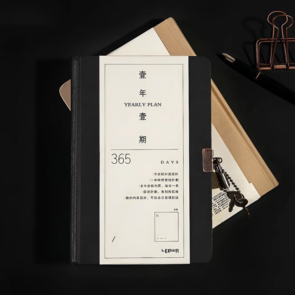 A5 hardcover locked diary notebook with key, shown in black and beige camel colour options.