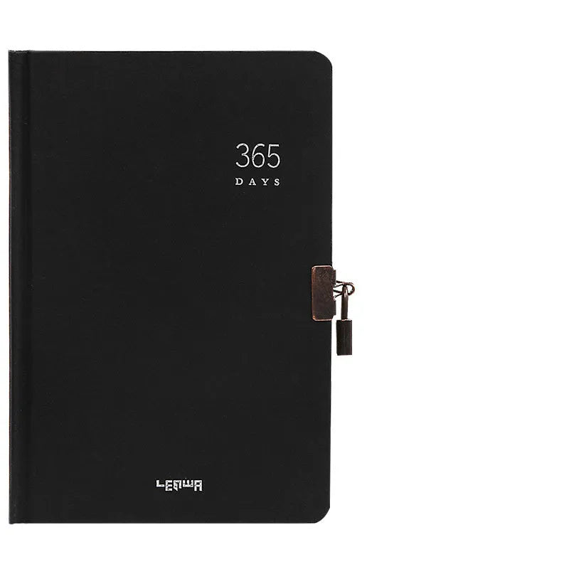 A5 hardcover locked diary notebook with key, shown in black and beige camel colour options.