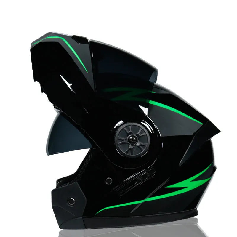 Full-cover motorcycle helmet with dual lens, ABS shell, S to XL sizes and optional Bluetooth headset