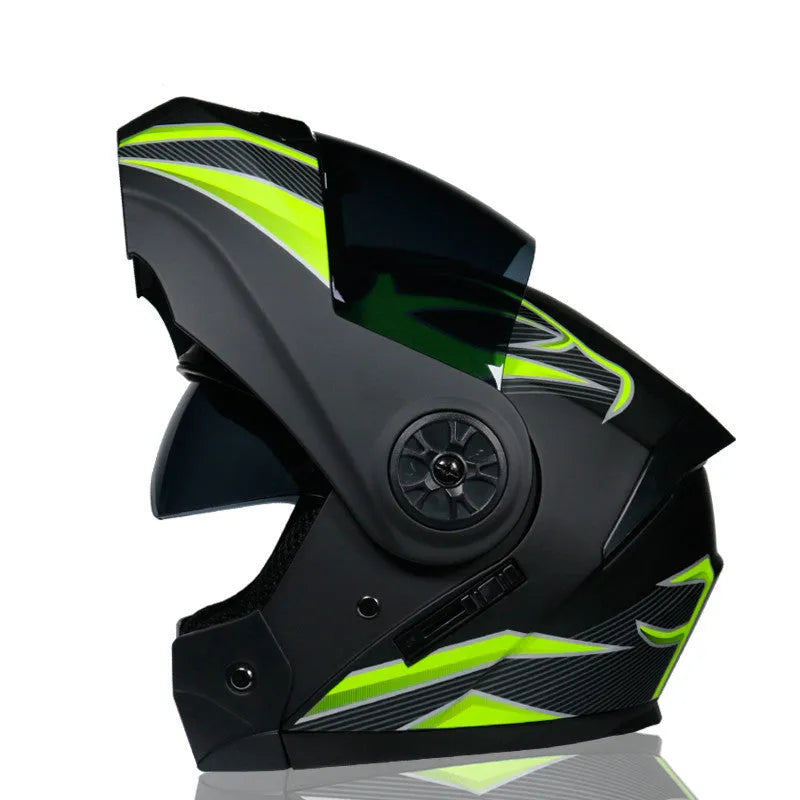 Full-cover motorcycle helmet with dual lens, ABS shell, S to XL sizes and optional Bluetooth headset