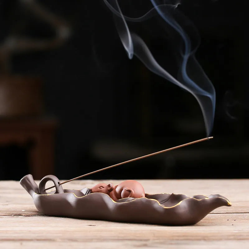 Purple clay ceramic lying incense burner for horizontal incense display and ash collection