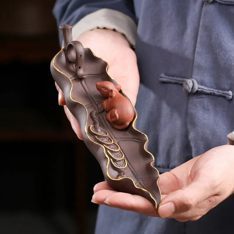 Purple clay ceramic lying incense burner for horizontal incense display and ash collection
