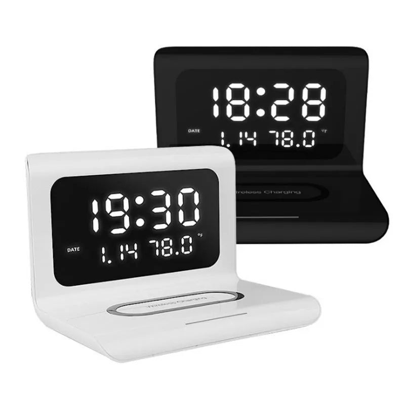 White wireless charger alarm clock showing time, date, temperature and humidity on display with smartphone charging wirelessly