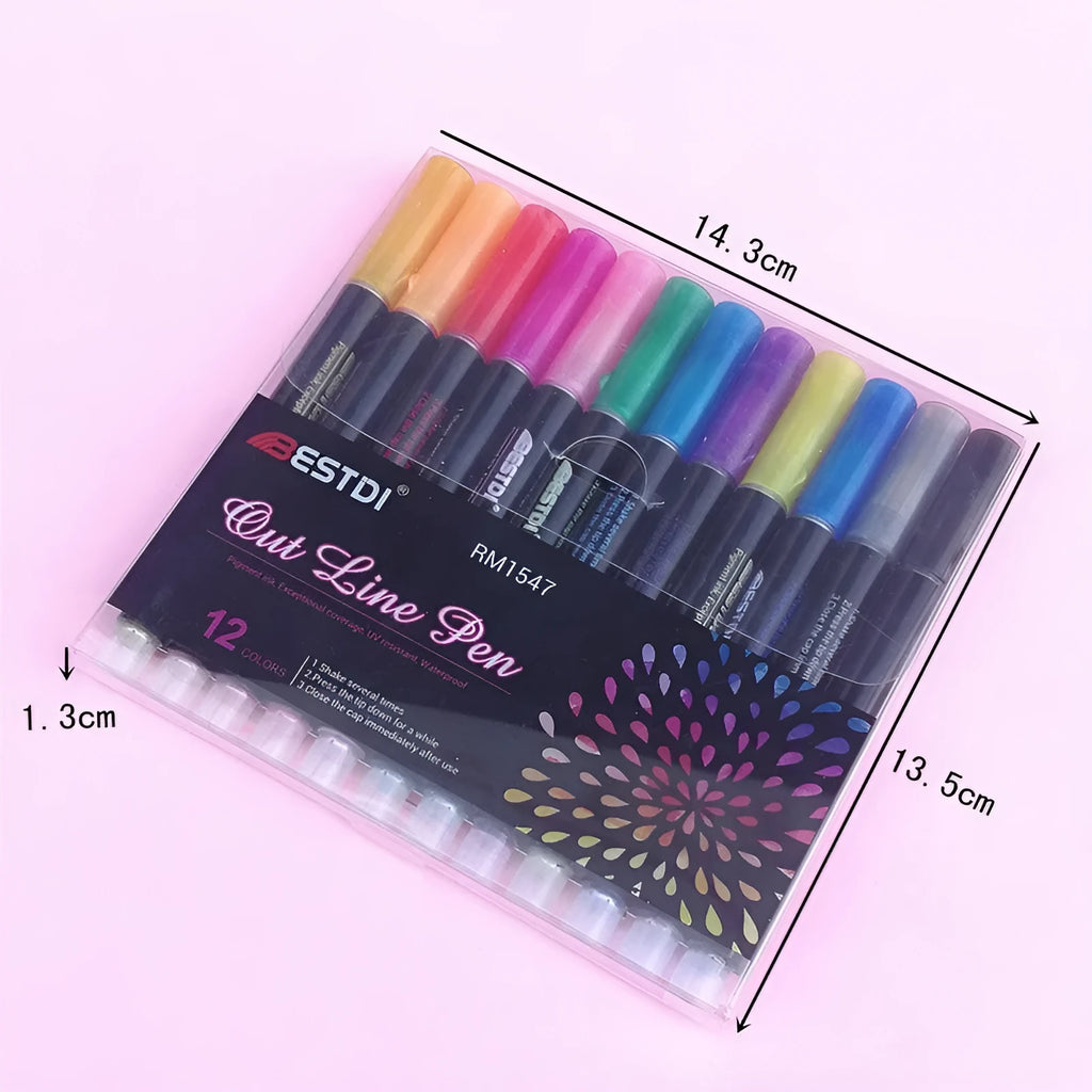 12 colour double line highlighter pen set with contour flashing style in box packaging
