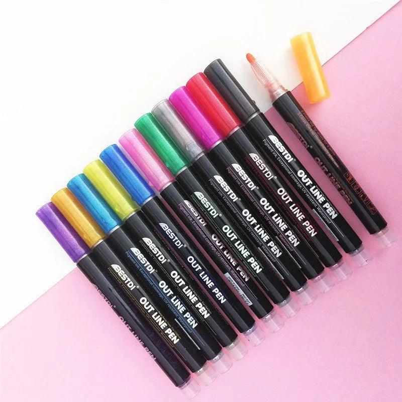 12 colour double line highlighter pen set with contour flashing style in box packaging