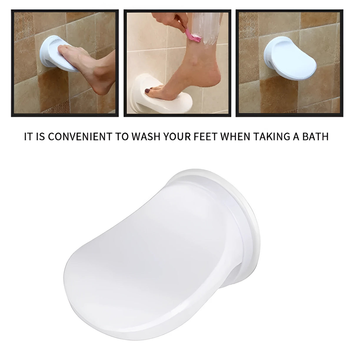White plastic shower foot rest with suction cups for smooth tiles, 20KG balancing assist