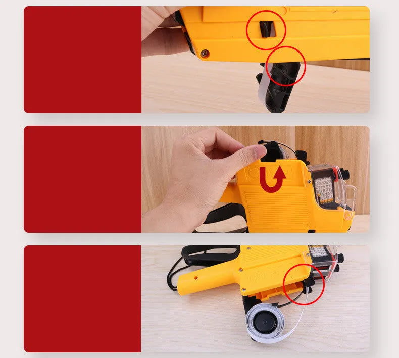 Manual price coding machine in blue, red, or yellow with bidirectional printing for supermarket labels