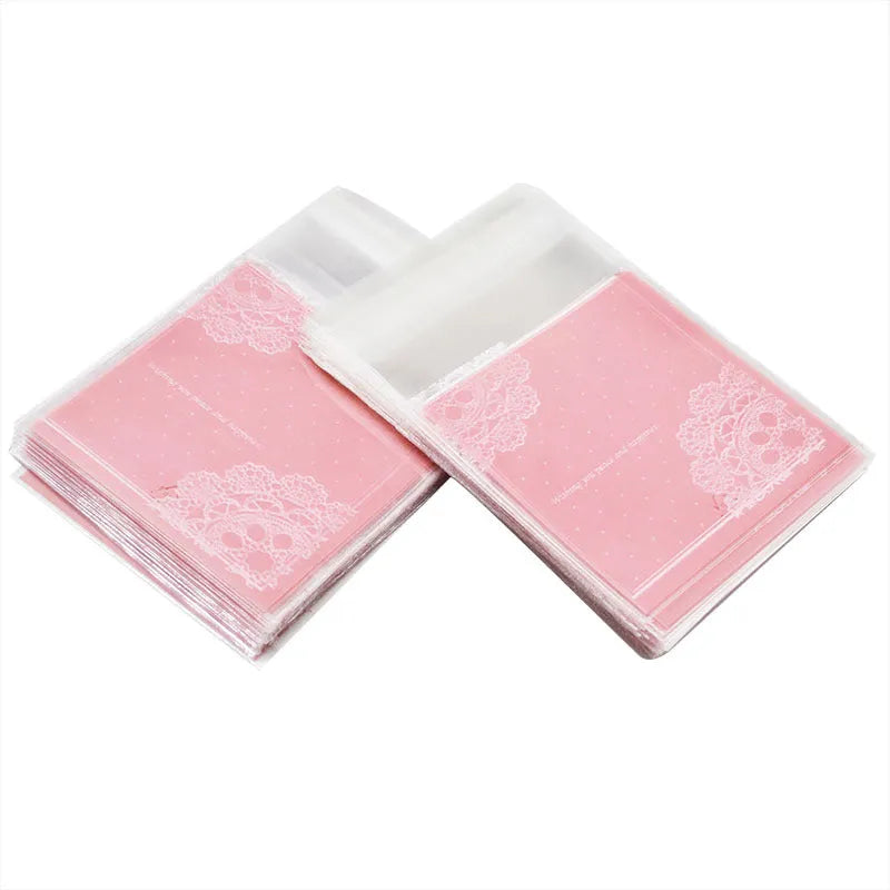 Pink self-adhesive plastic bag with UV printing, measuring 7cm by 7cm with 3cm expandable gusset for packaging