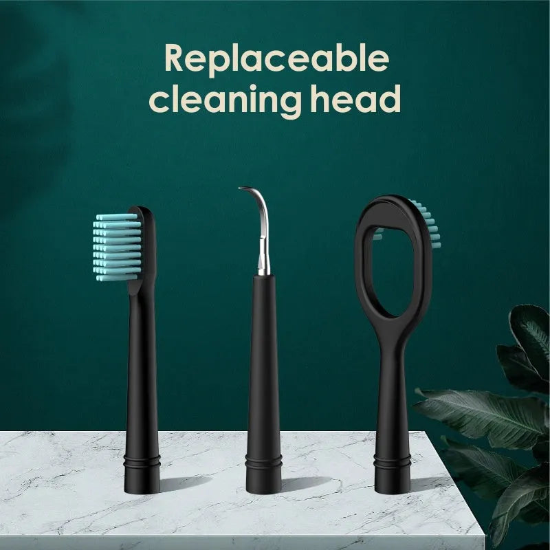 Household dental scaler handle with USB charging cable, storage tray, and cleaning attachments for teeth and tongue.