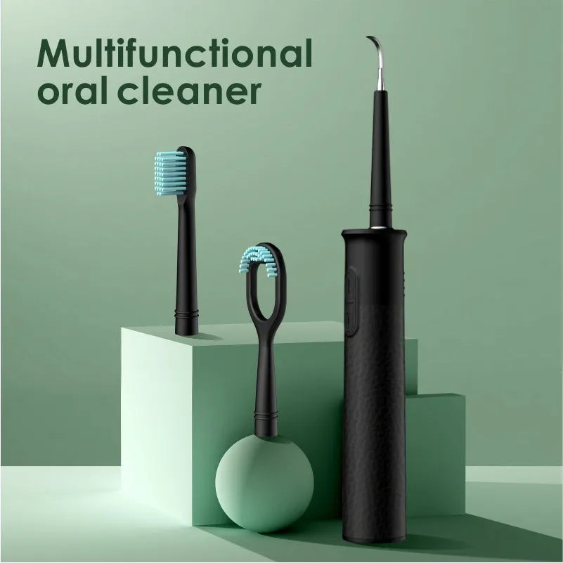 Household dental scaler handle with USB charging cable, storage tray, and cleaning attachments for teeth and tongue.