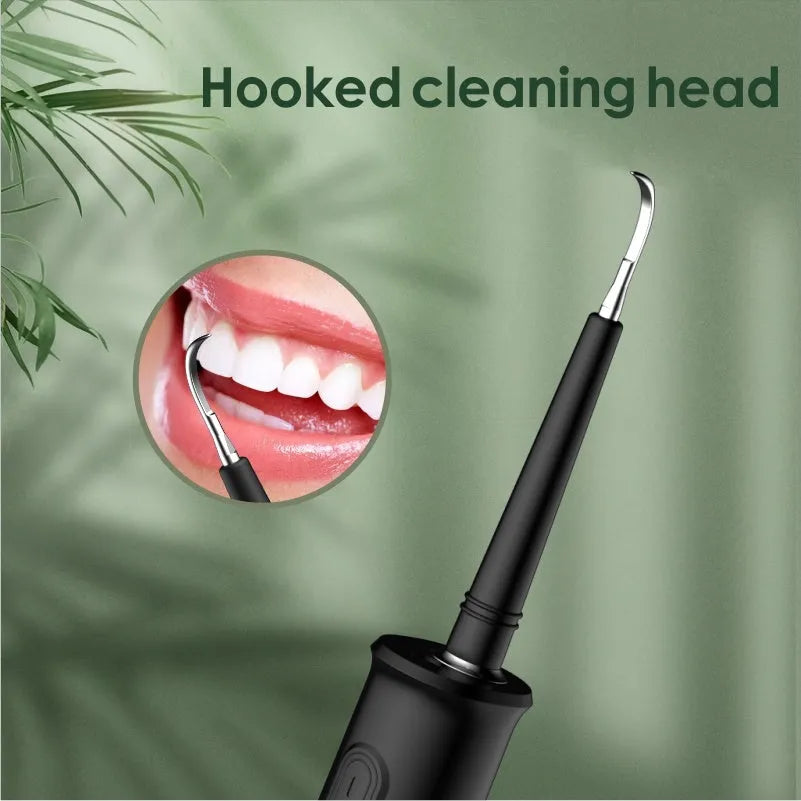 Household dental scaler handle with USB charging cable, storage tray, and cleaning attachments for teeth and tongue.