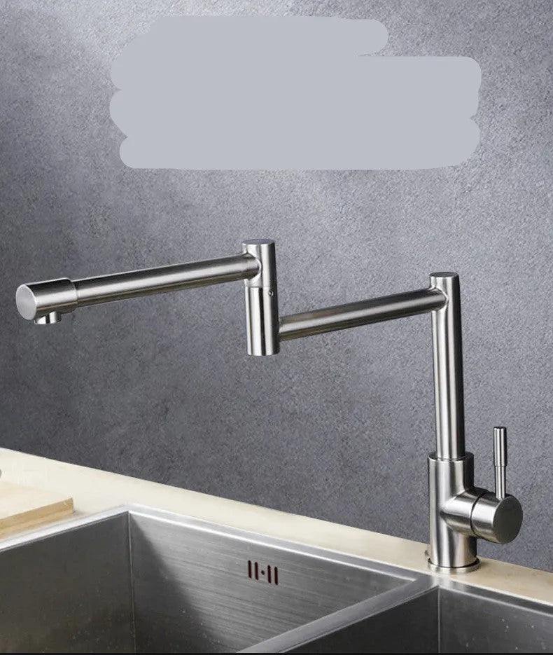 Silver stainless steel kitchen faucet with 360-degree rotating spout and dual handles for hot and cold water control