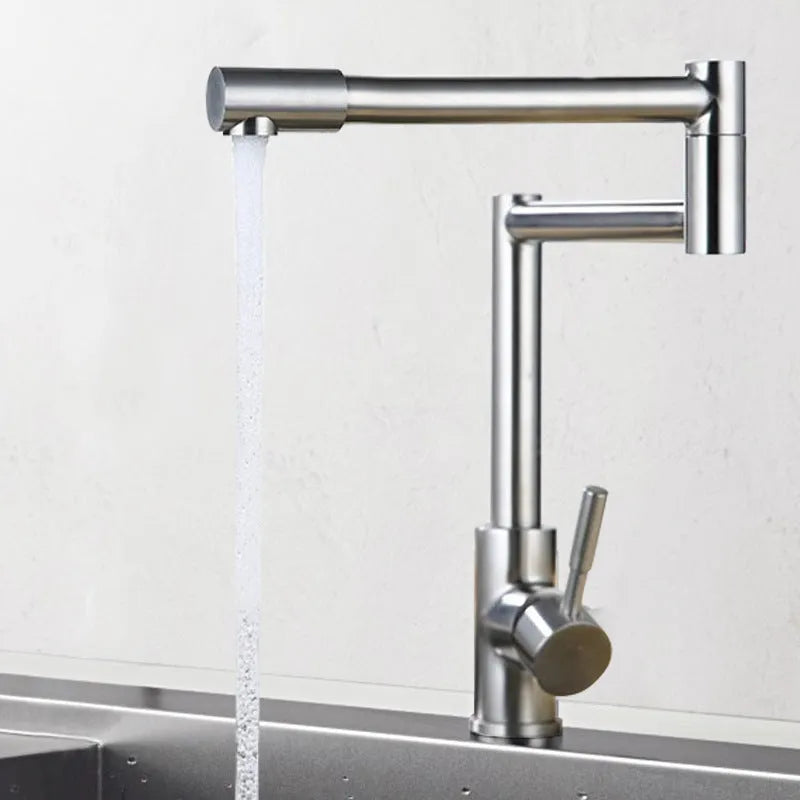 Silver stainless steel kitchen faucet with 360-degree rotating spout and dual handles for hot and cold water control
