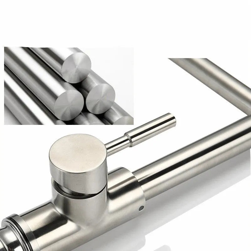 Silver stainless steel kitchen faucet with 360-degree rotating spout and dual handles for hot and cold water control