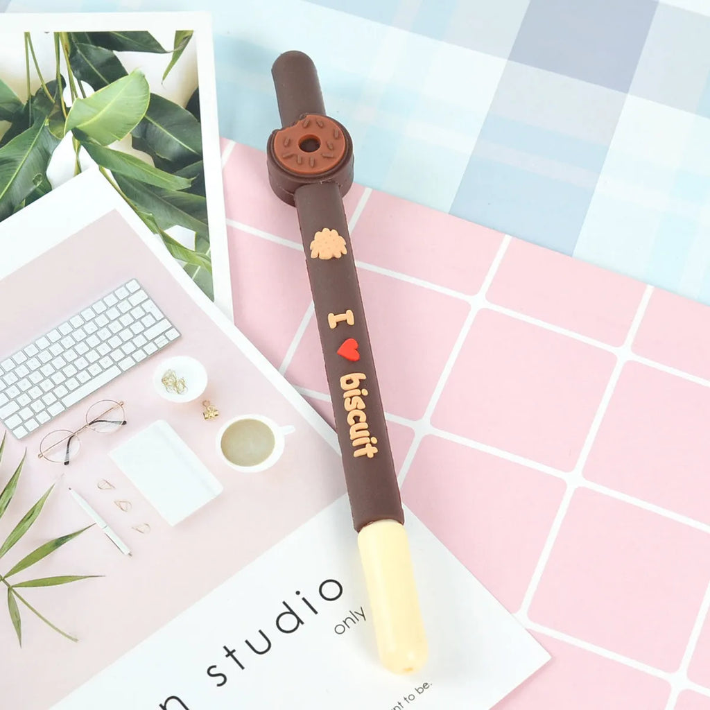 Set of five scented gel pens with chocolate bar designs and 0.5mm needle tips.