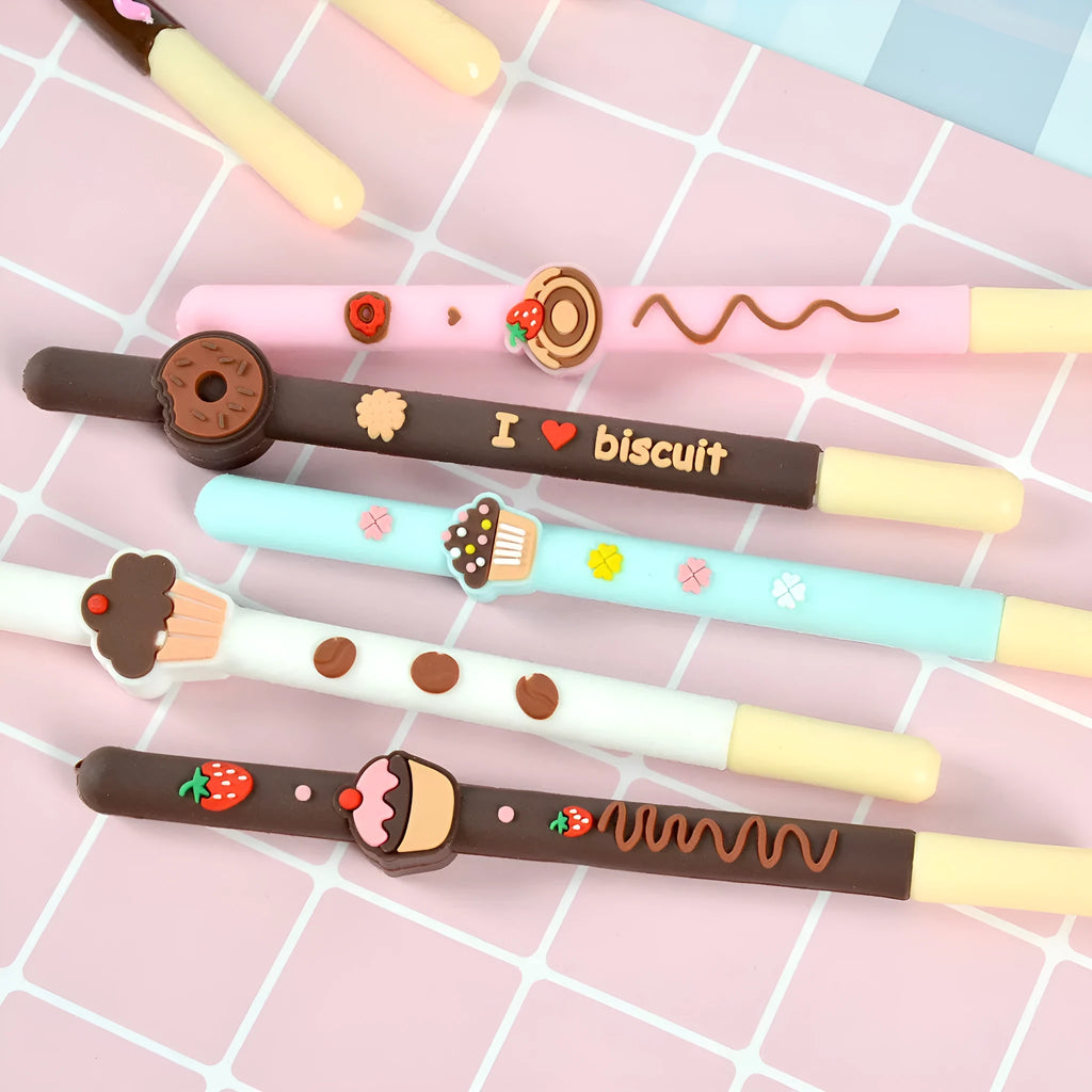 Set of five scented gel pens with chocolate bar designs and 0.5mm needle tips.
