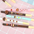 Set of five scented gel pens with chocolate bar designs and 0.5mm needle tips.