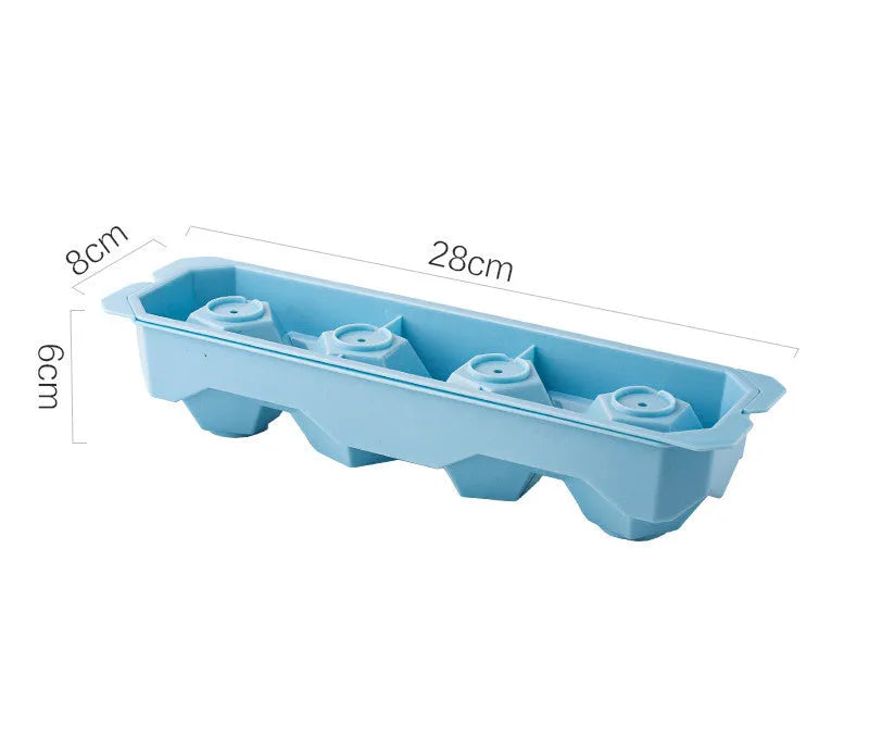 Silicone ice tray with hockey puck and geometric moulds in light grey, blue, and pink colours for large ice cubes