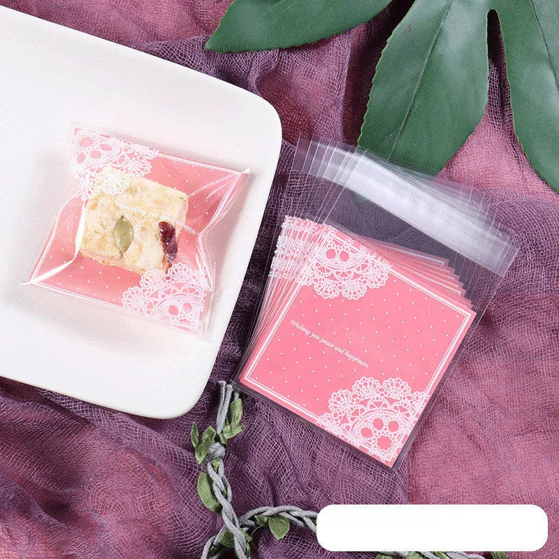 Pink self-adhesive plastic bag with UV printing, measuring 7cm by 7cm with 3cm expandable gusset for packaging